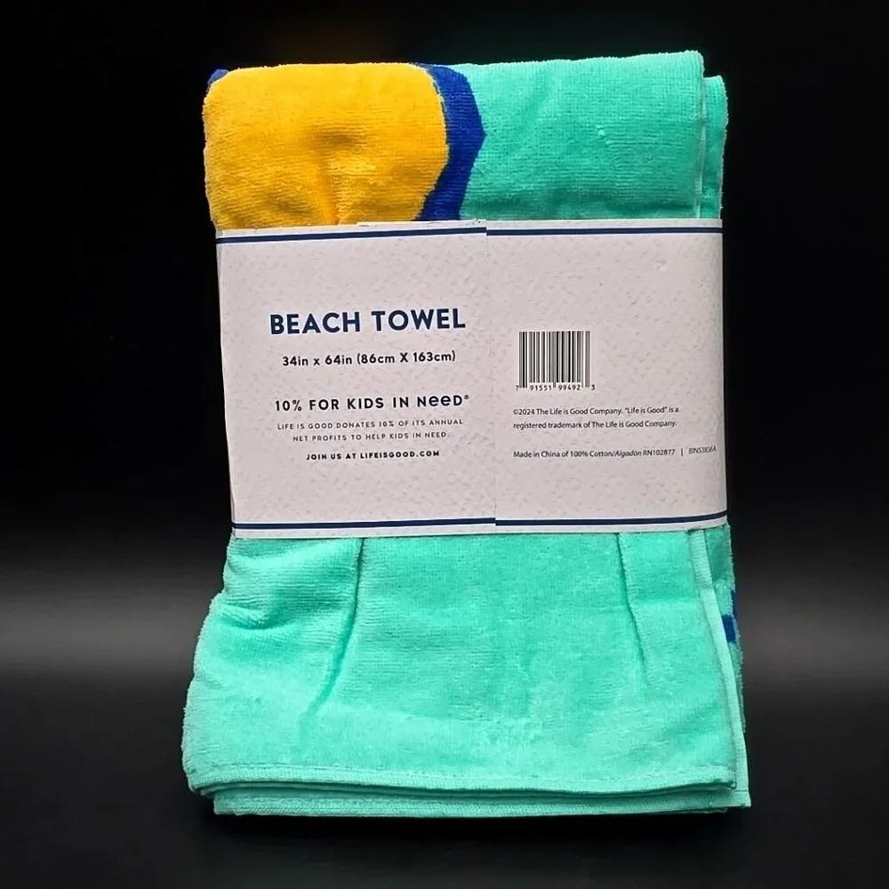 LIFE IS GOOD 100% Cotton Beach Towel Teal & Yellow Size 34